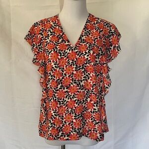 Ann Taylor Factory floral vneck blouse with ruffle detail NWT Size XS White